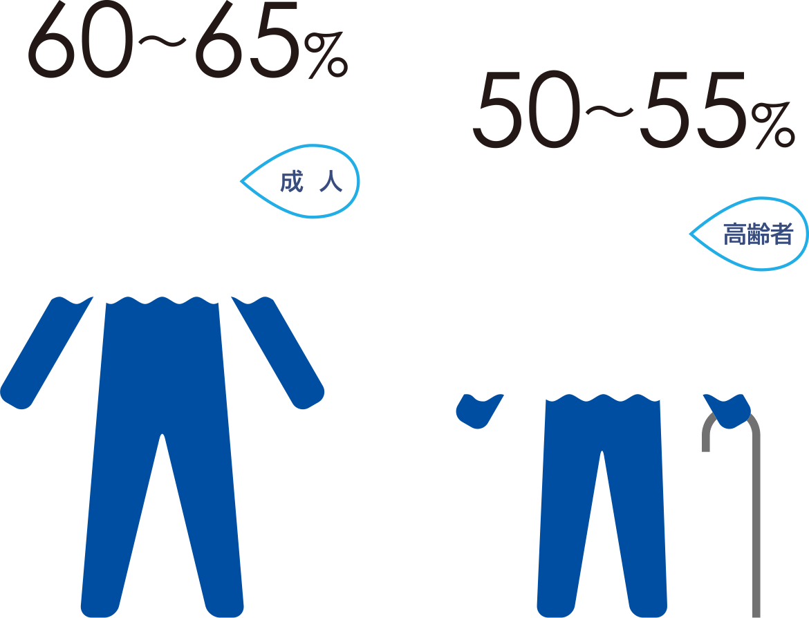 成人60～65％／老人50～55％