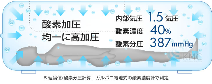 均一に高加圧　約1.2～1.5 気圧(最大)　酸素濃度 約30～35%
